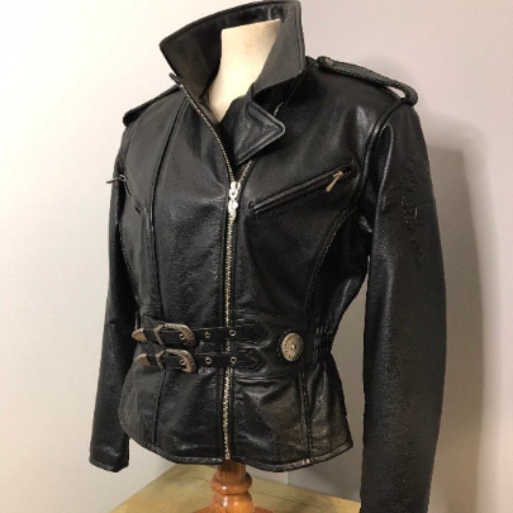 Vintage Custom Harley Black Leather Jacket Sz M - Picture 1 of 9